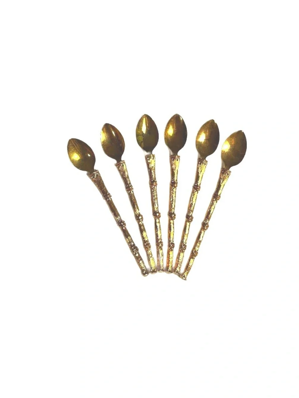Vintage Gold Tone Bamboo Handle Cocktail Set. 6 Forks, Knives, Spoons